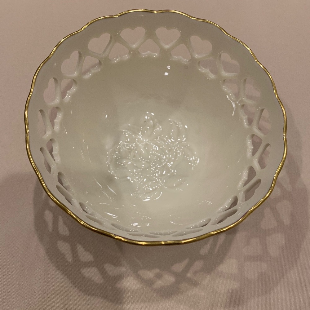 Lenox USA Ivory Bowl w/ Open Hearts & Gold Trim 5 1/2” Diameter 3 1/2” H Approx.